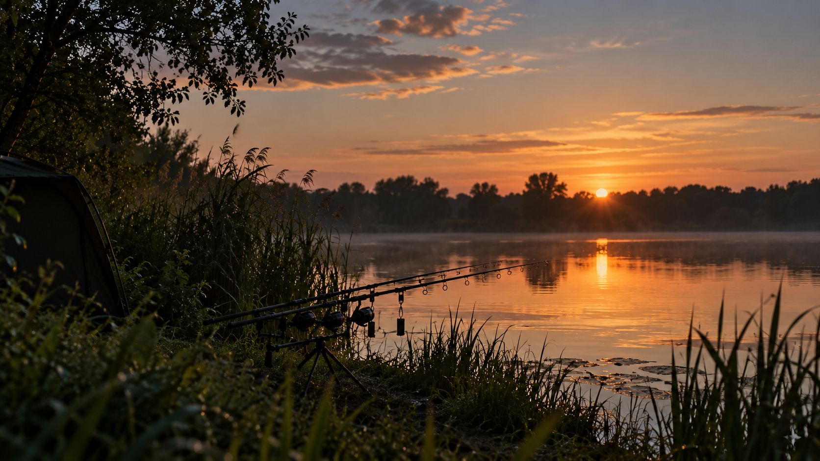 Drei Karpfenruten auf einem Rod Pod am Ufer bei Sonnenuntergang, Nebel über dem Wasser, Schilf im Vordergrund